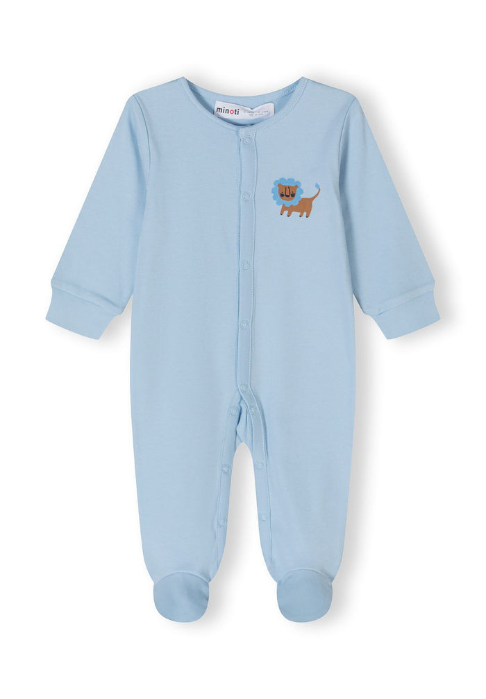 Light blue long sleeve sleepsuit for boys with front press studs and integrated feet.