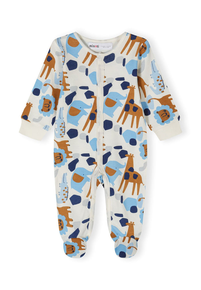 Light blue long-sleeve sleepsuit for boys with animal print, front press studs, and integrated feet.