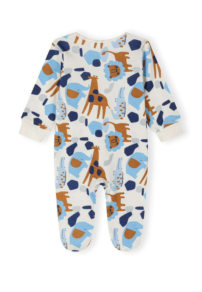 Back view of a boys' long-sleeve sleepsuit with animal print and integrated feet.