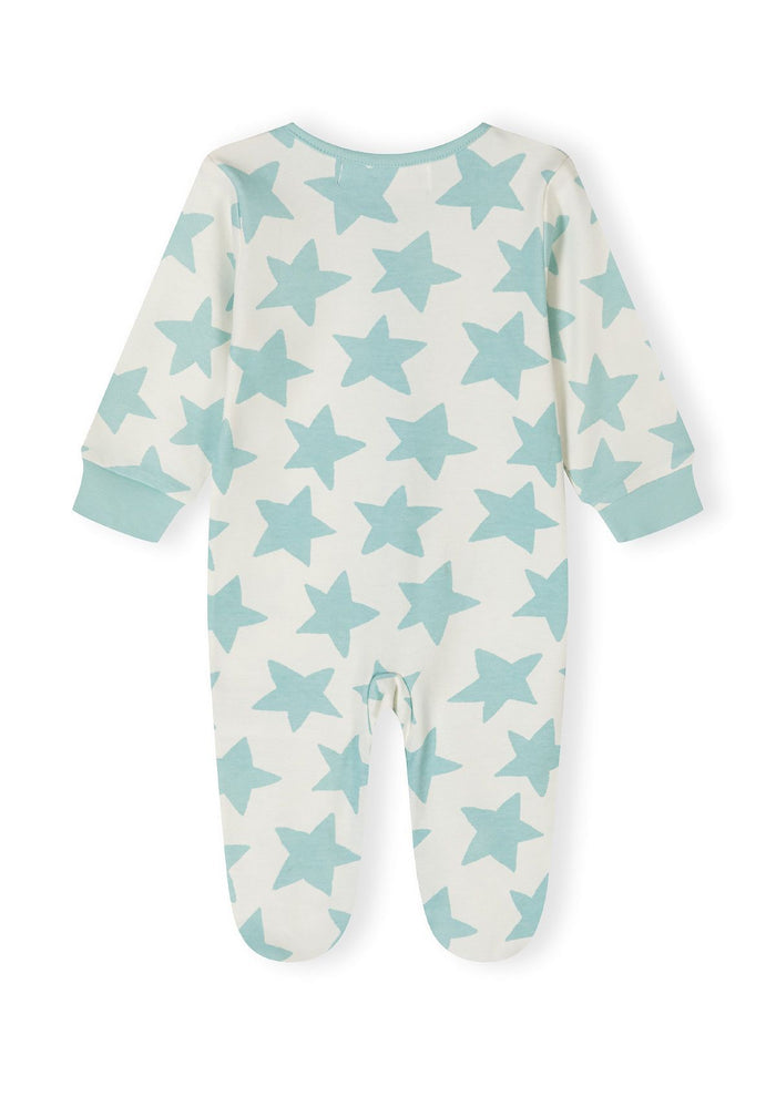 Back view of boys' long sleeve sleepsuit with footed legs and star pattern.