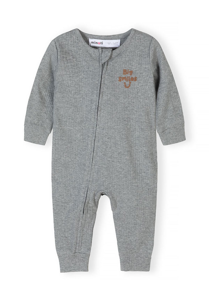 Grey rib-knit romper for baby boys, front view, features long sleeves and press-stud fastenings.