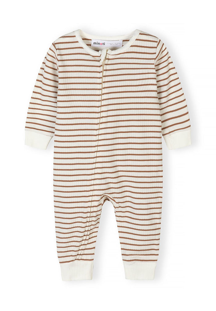 Front view of a rib-knit romper for baby boys, featuring beige and brown stripes.