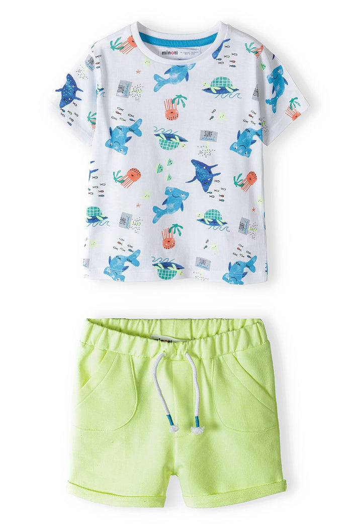 T-Shirt and Shorts Set, Shark Print, White Lime - 2