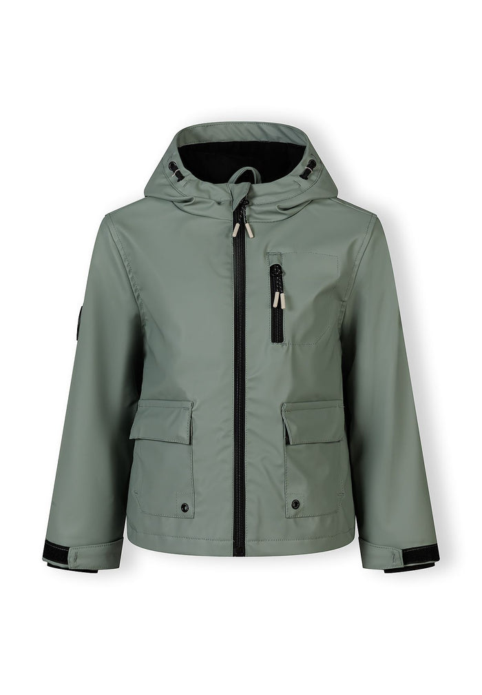 Boys waterproof teal parka with adjustable hood, front view, features zipped chest pocket and elasticated cuffs.