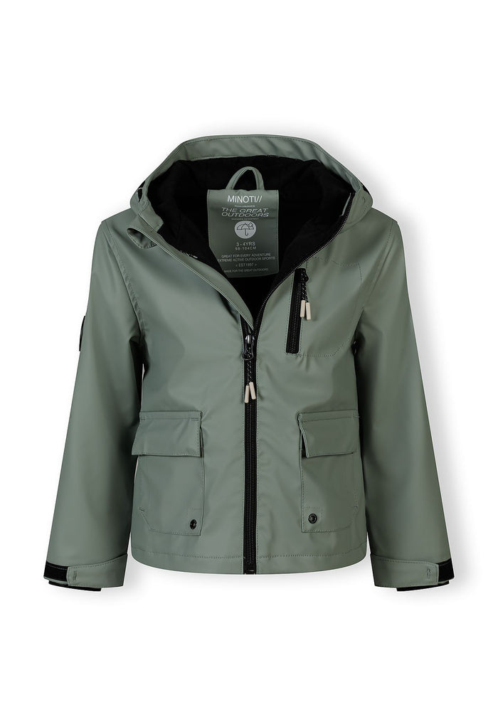 Boys waterproof teal parka with adjustable hood, front view, featuring a full-length zip and two front pockets.