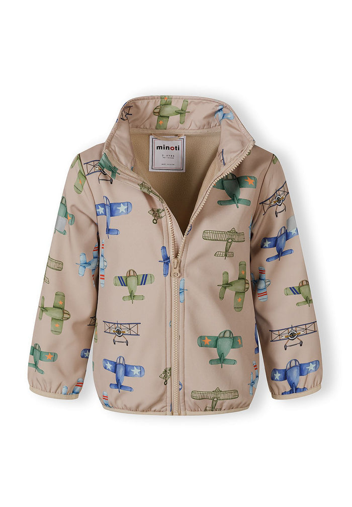 Boys softshell jacket in sand with aeroplane print, front view, features zippered pockets and attached hood.