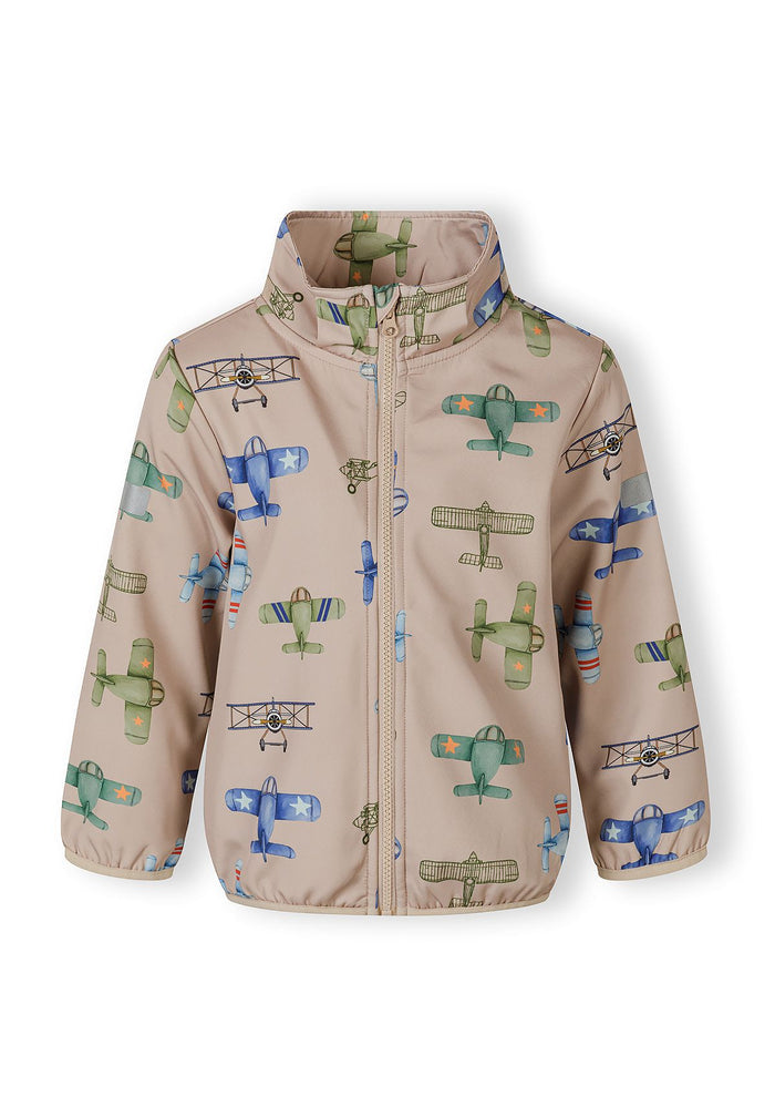 Boys softshell jacket in sand with aeroplane print, front view, features zippered pockets and attached hood.