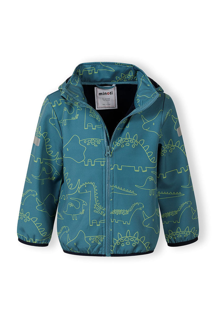 Boys turquoise softshell jacket with dinosaur print, front view, features adjustable hood and full-length zip.