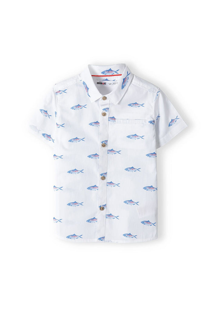 Short Sleeve Shirt, Fish Print, White - 2