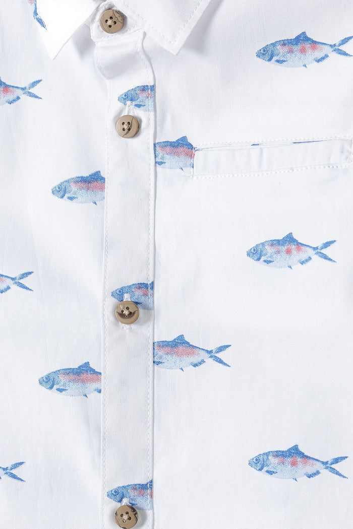 Short Sleeve Shirt, Fish Print, White - 4