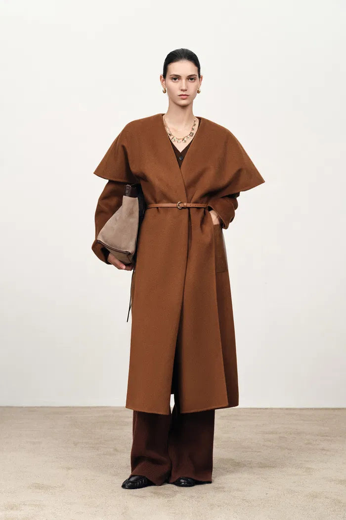 Cape Style Belted Wool Coat in Double-Face Merino-Cashmere