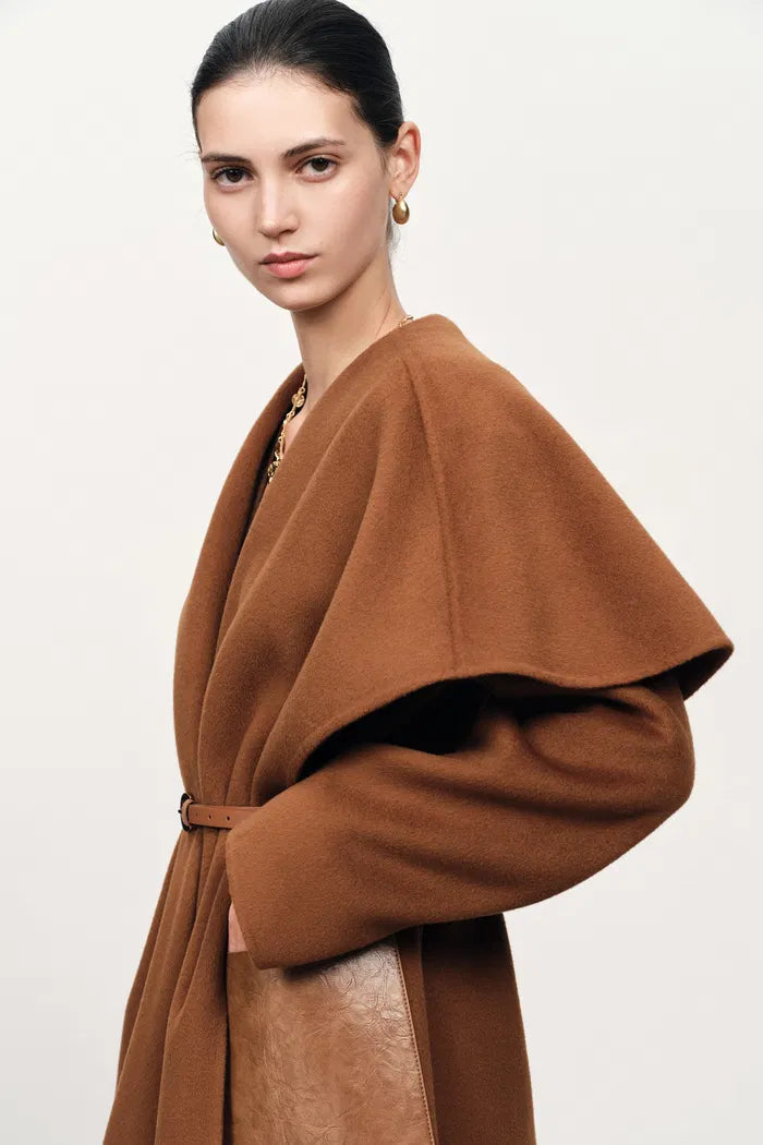 Cape Style Belted Wool Coat in Double-Face Merino-Cashmere