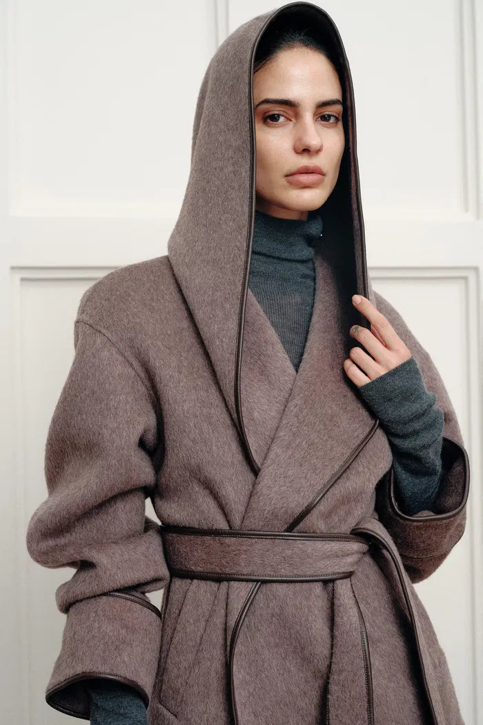 Cashmere Belted Leather Trimmed Hooded Pea Coat
