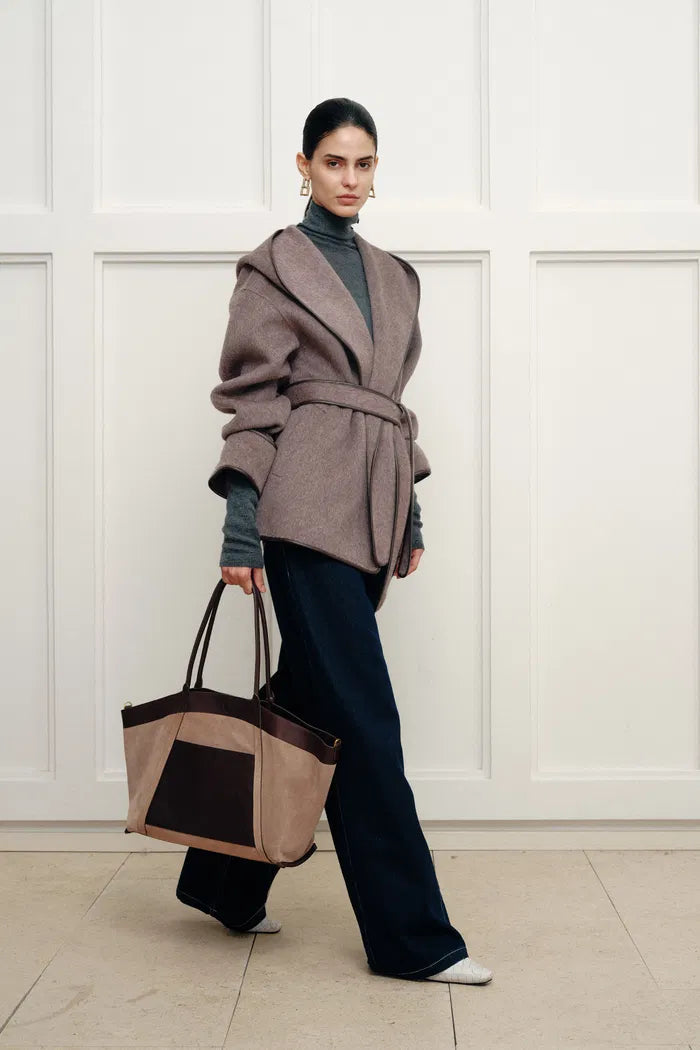 Cashmere Belted Leather Trimmed Hooded Pea Coat