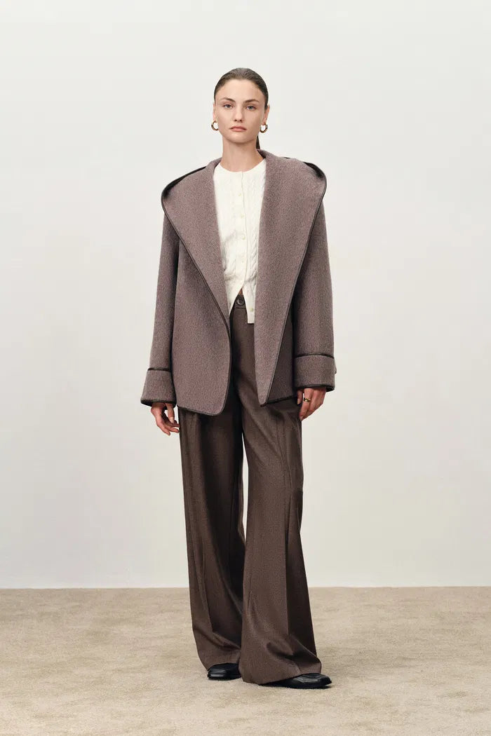 Cashmere Belted Leather Trimmed Hooded Pea Coat