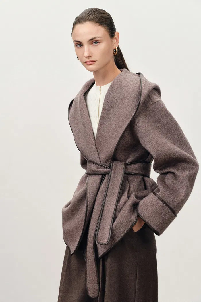 Cashmere Belted Leather Trimmed Hooded Pea Coat