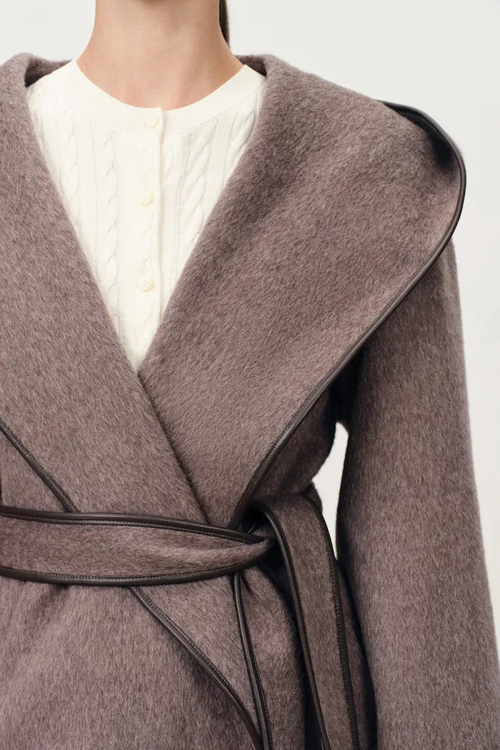 Cashmere Belted Leather Trimmed Hooded Pea Coat