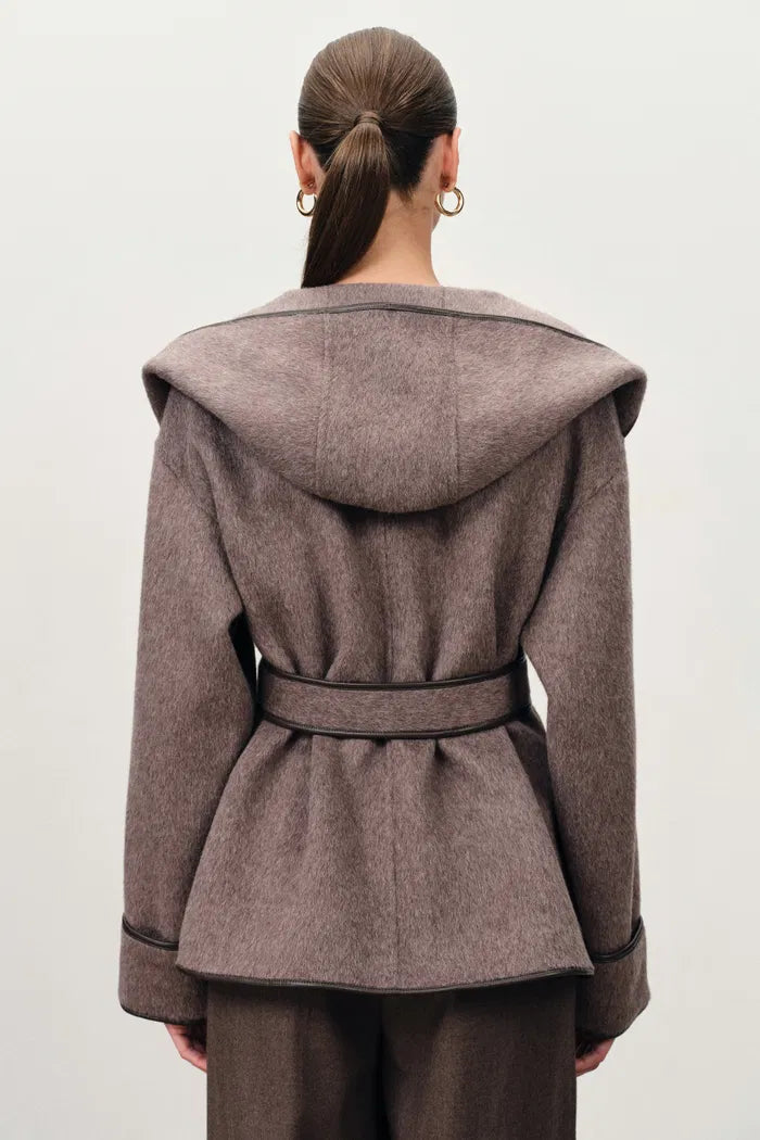 Cashmere Belted Leather Trimmed Hooded Pea Coat
