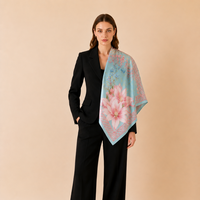 HAMIDA luxury silk scarf in pastel pink and blue floral design, elegantly draped over female model’s shoulders
