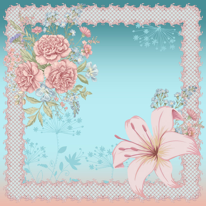 Decorative floral design with pink flowers and lace on a light blue background