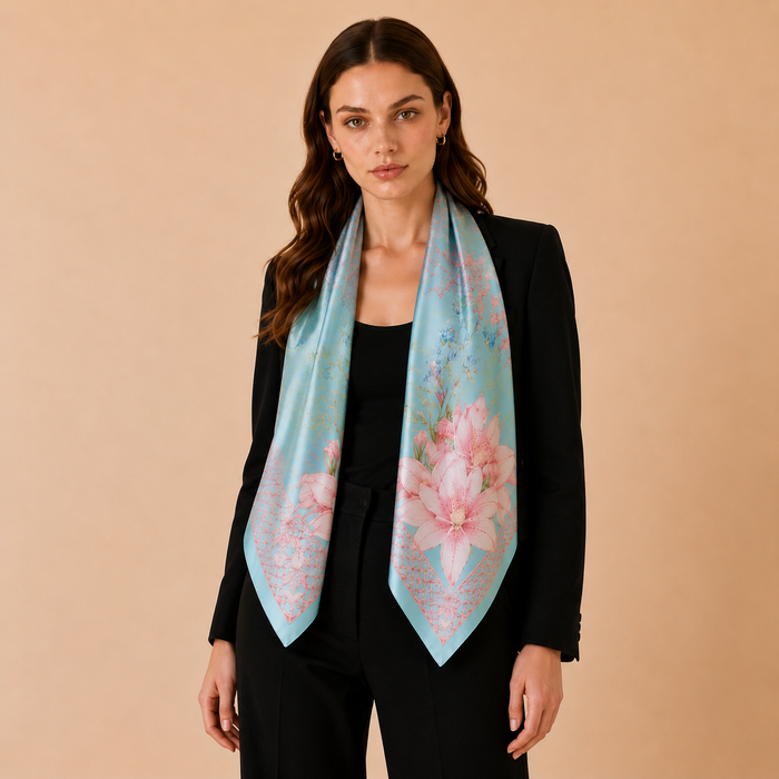 Woman wearing a floral silk scarf on a beige background