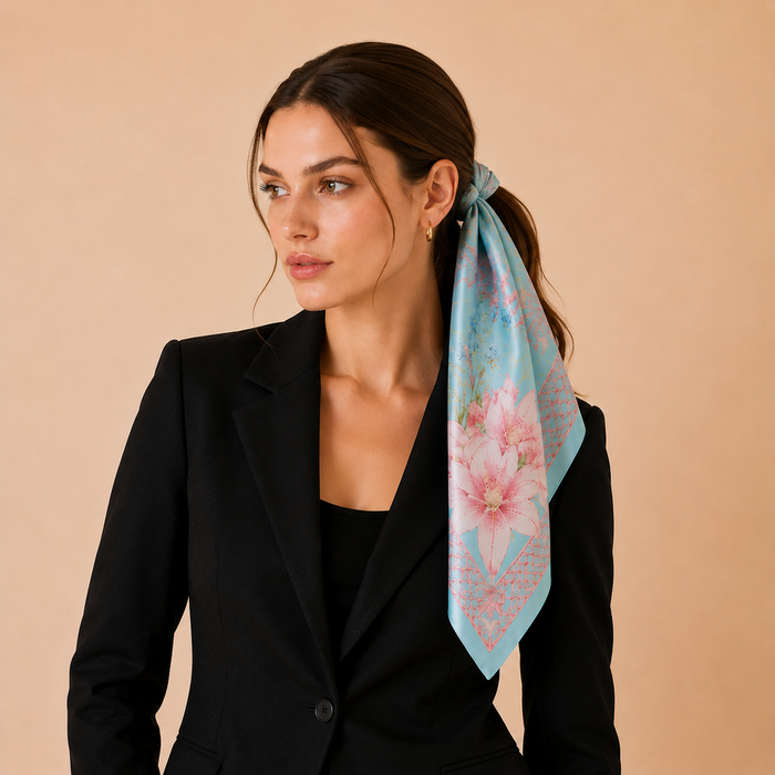 HAMIDA silk scarf in light blue and pink floral pattern, neatly folded to show floral artwork and borders