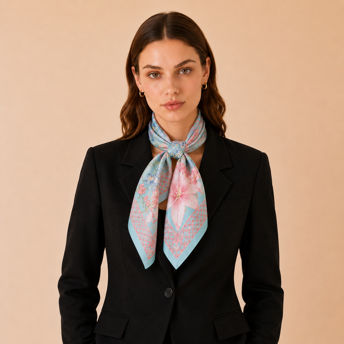 Top-down view of HAMIDA silk scarf in pastel blue and pink floral print, square shape with decorative border