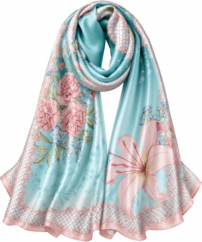 HAMIDA luxury silk scarf styled elegantly on model, featuring pastel floral and botanical patterns with soft sheen