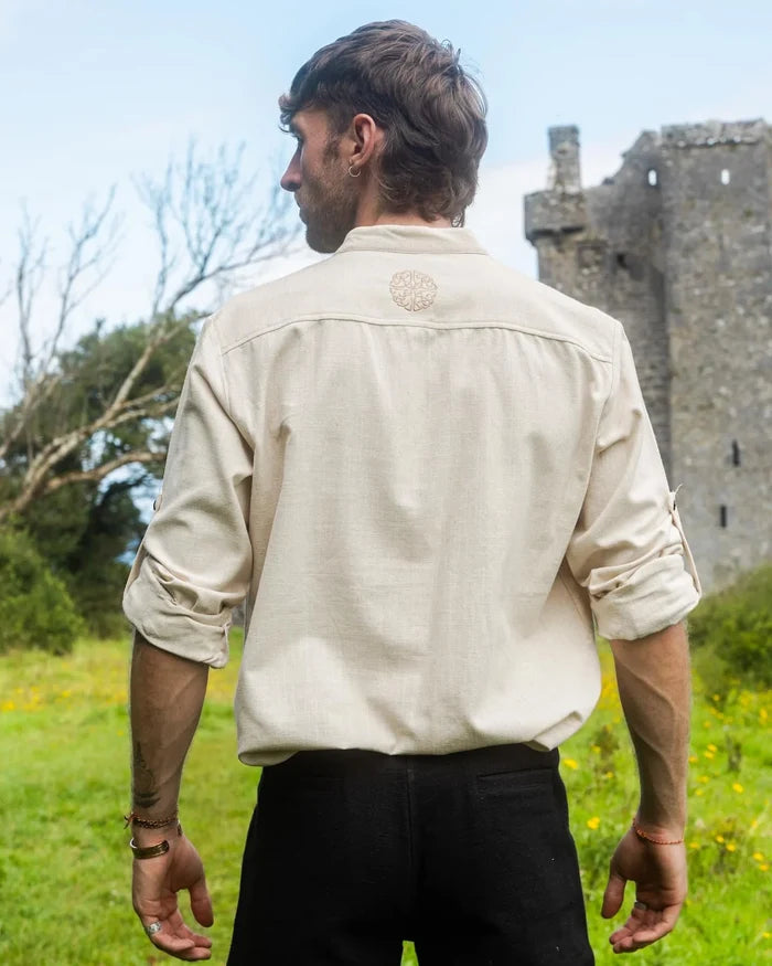 Celtic Shield Collarless Shirt back view, showing embroidered shoulder detail with Celtic embroidery on this piece of Irish clothing for men