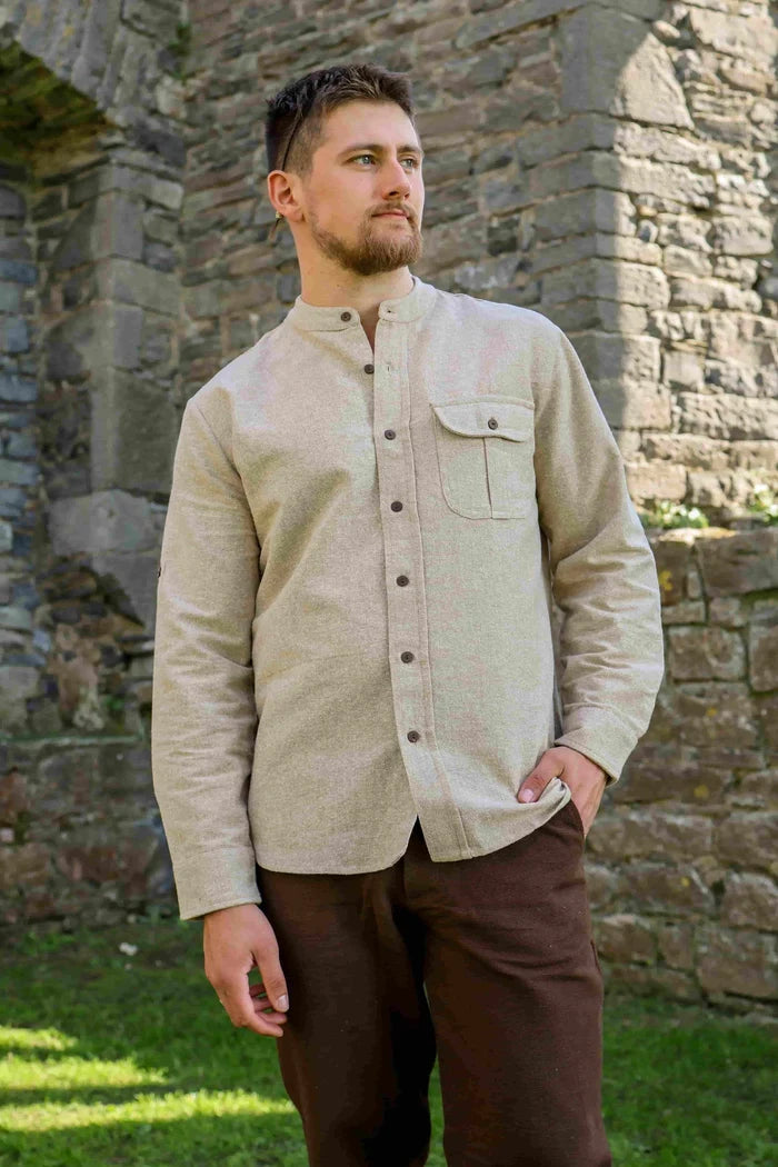 Celtic Shield Collarless Shirt in beige, front view of a collarless dress shirt for men with wooden buttons and chest pocket