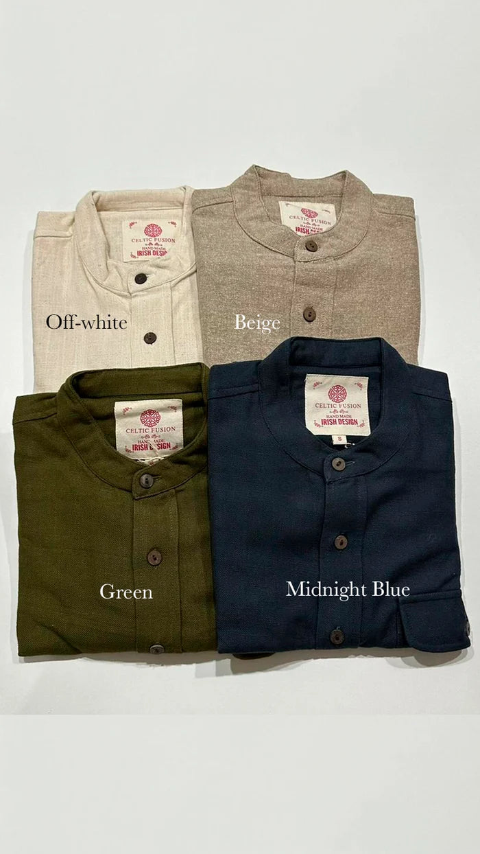 Close-up of natural cotton fabric and wooden buttons on the Celtic Shield collarless dress shirts for men with earthy texture designed by Celtic Fusion