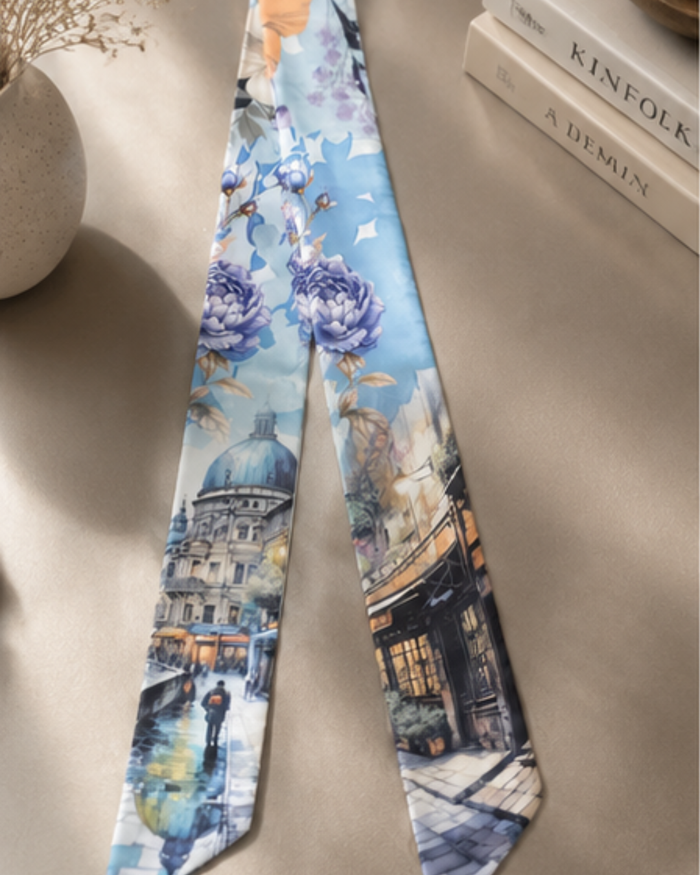 Close-up showing floral patterns and cityscape print on Hamida silk twilly scarf