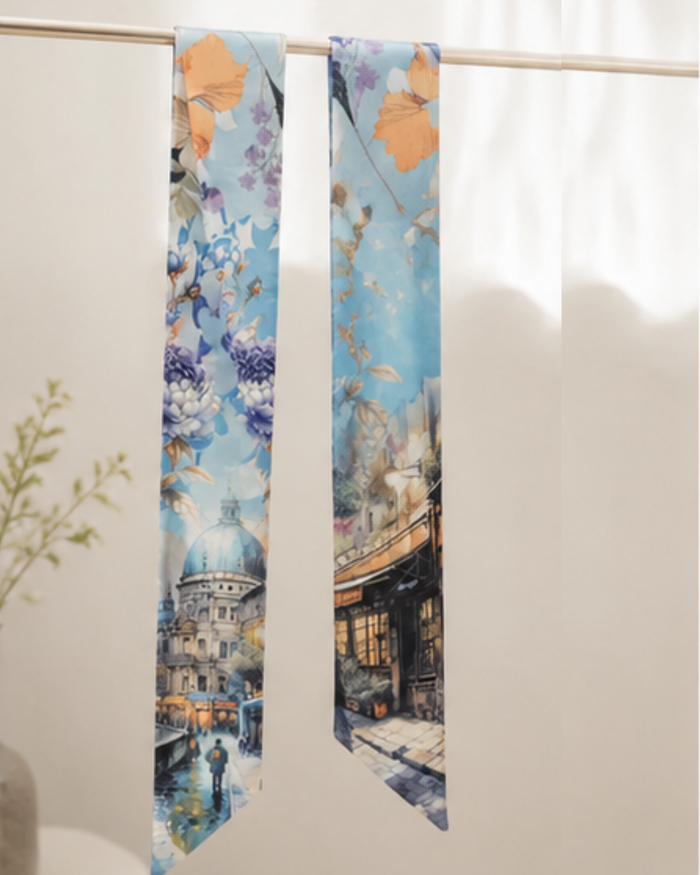 Decorative ribbon with a scenic design on a white background