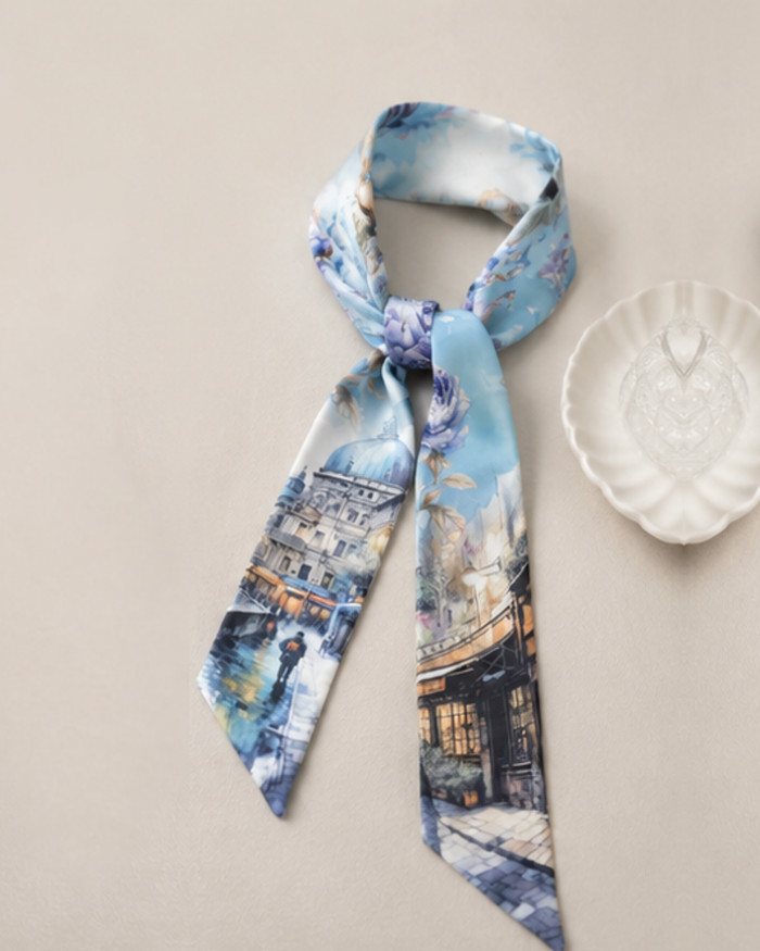 Twilly scarf styled around the neck