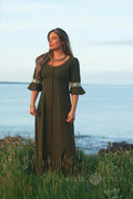 Green Celtic dress in cotton slub, full length folklore dress with button front and embroidered sleeve detail by the sea