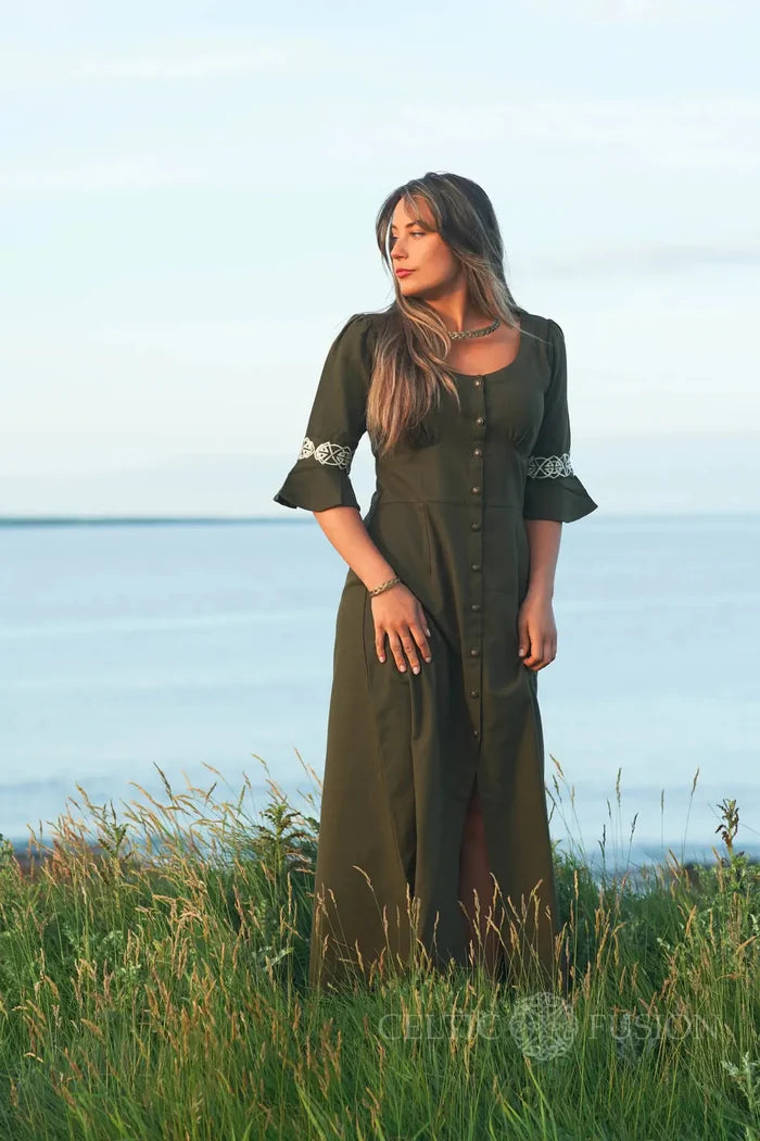 Full length green Celtic dress for women, breathable cotton slub folklore dress with embroidered sleeves and soft drape