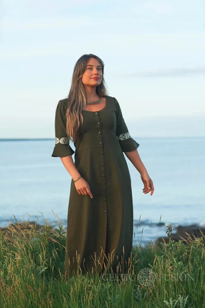 Celtic Fusion Green Celtic embroidered dress in quality cotton slub, long sleeve folklore inspired maxi dress with button front