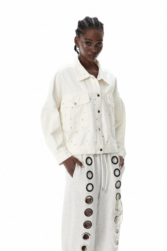 Costas Rhinestone Drawstring Denim Jacket