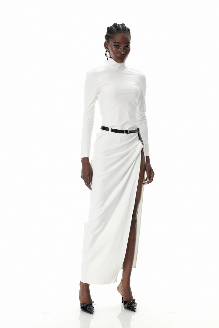 Cree Long Sleeve Ruch Split Maxi Dress