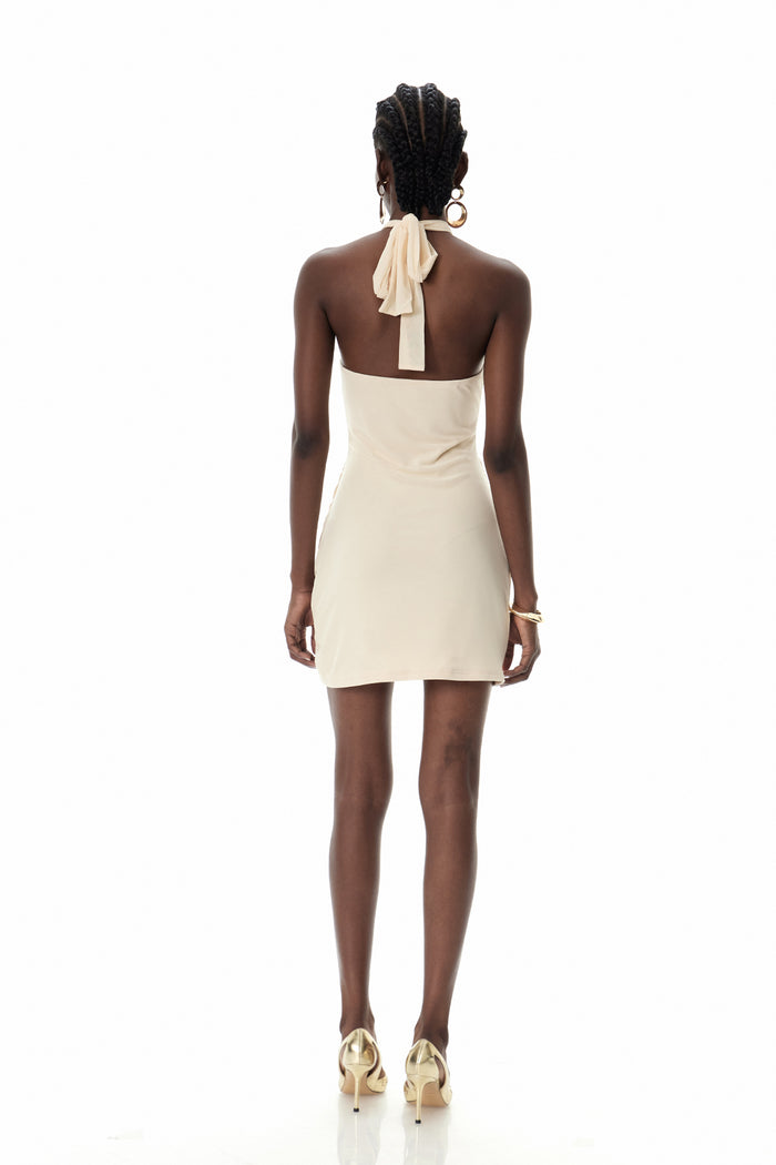 Crescentius Halter Neck Ruch Mini Dress