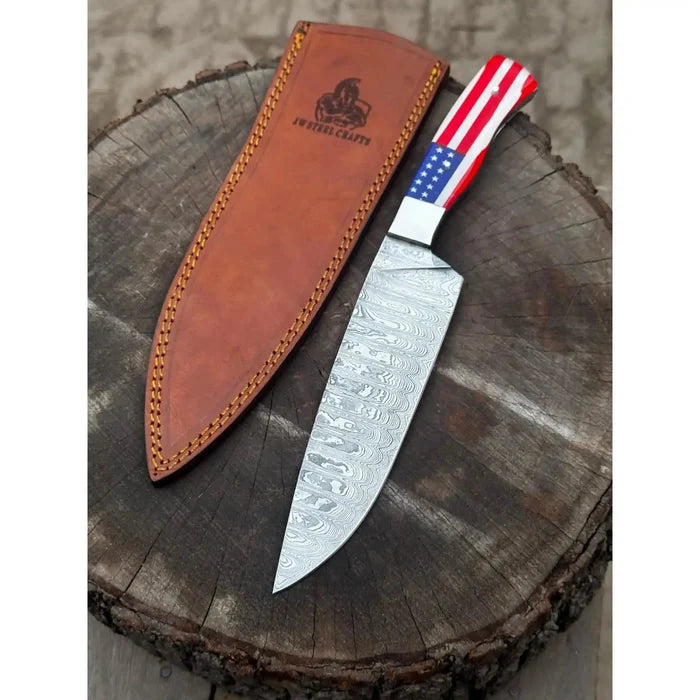 Damascus Steel Chef Knife with USA Flag Handle | Handmade Kitchen Knife