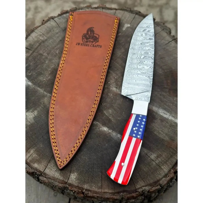 Damascus Steel Chef Knife with USA Flag Handle | Handmade Kitchen Knife