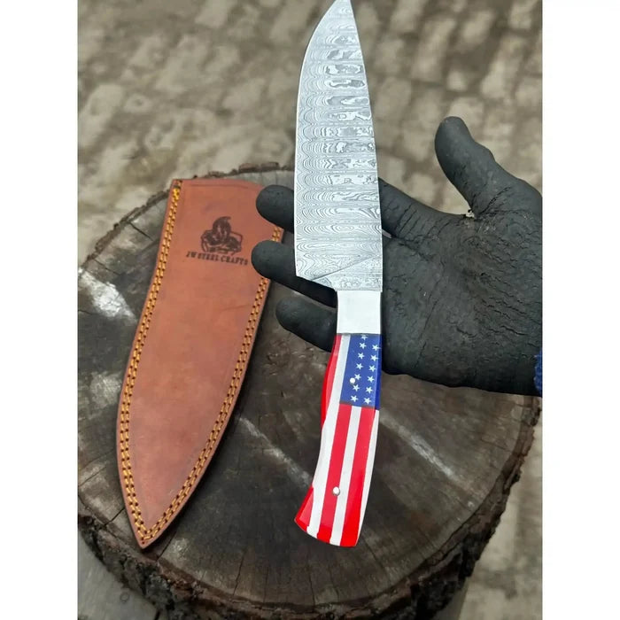 Damascus Steel Chef Knife with USA Flag Handle | Handmade Kitchen Knife