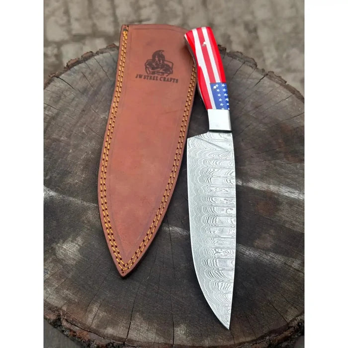 Damascus Steel Chef Knife with USA Flag Handle | Handmade Kitchen Knife