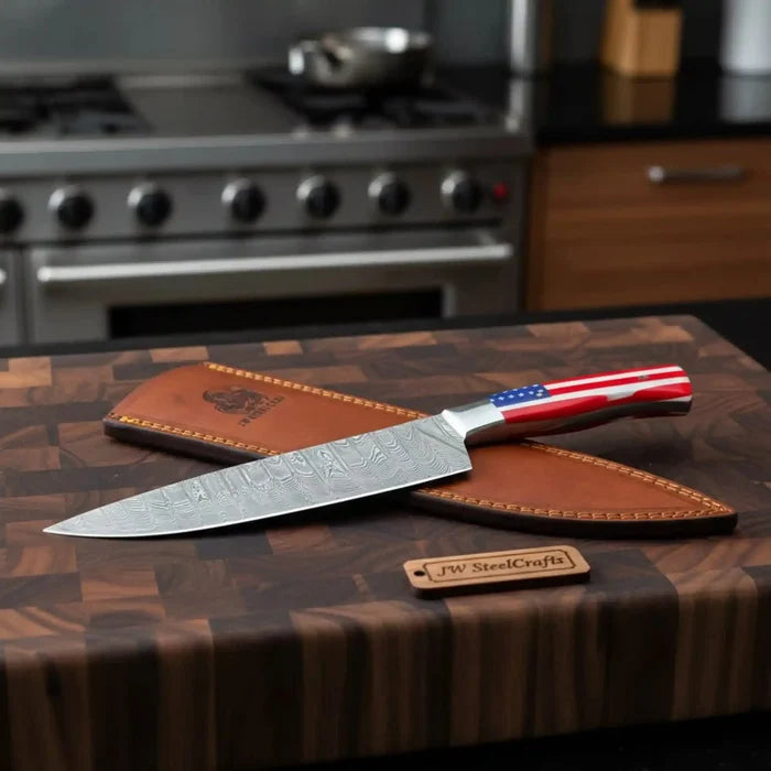 Damascus Steel Chef Knife with USA Flag Handle | Handmade Kitchen Knife