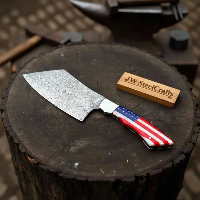 Damascus Steel Cleaver Knife with USA Flag Resin Handle | Handmade Kitchen Utility Knife