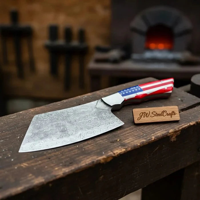 Damascus Steel Cleaver Knife with USA Flag Resin Handle | Handmade Kitchen Utility Knife
