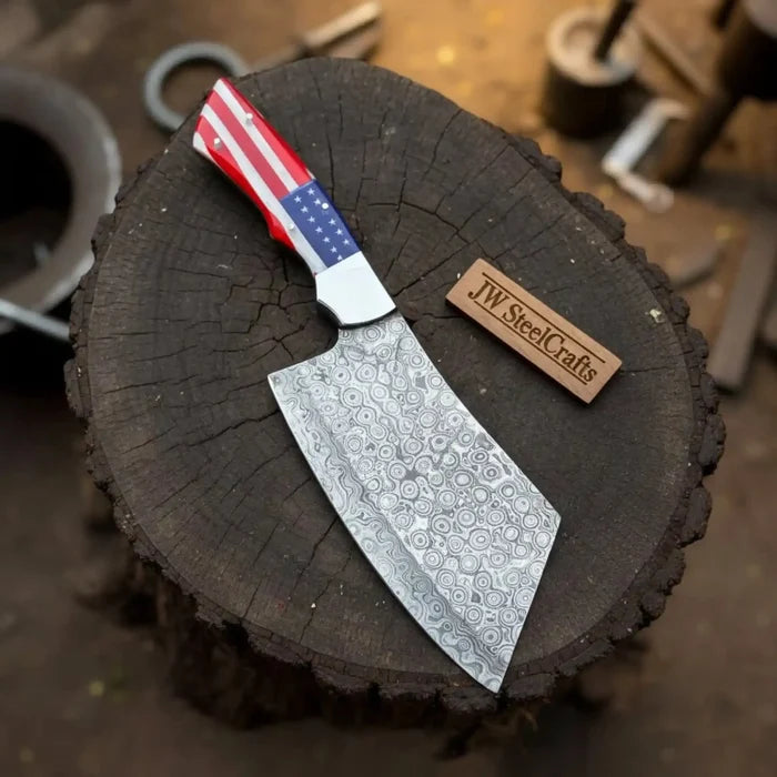 Damascus Steel Cleaver Knife with USA Flag Resin Handle | Handmade Kitchen Utility Knife