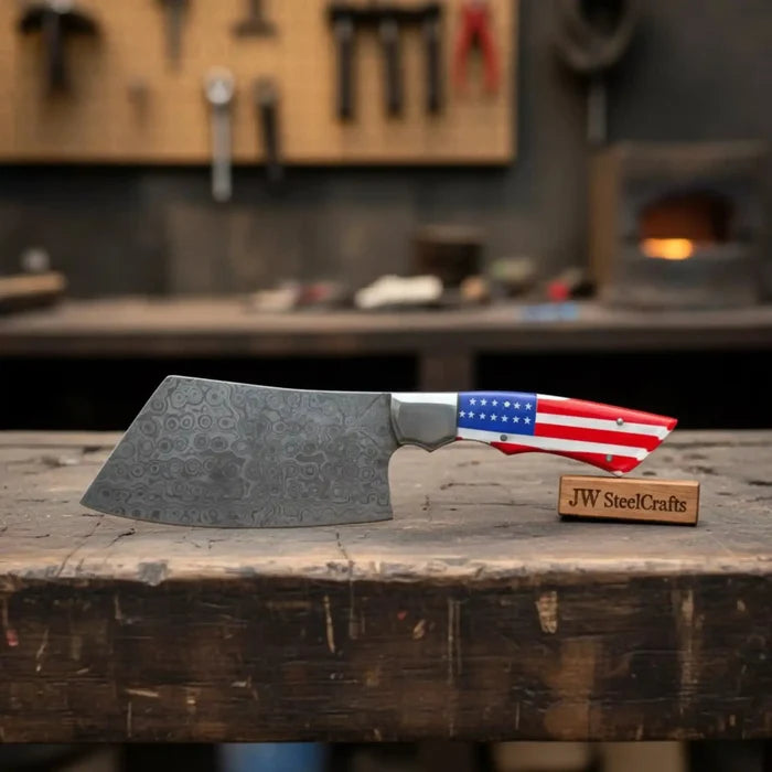 Damascus Steel Cleaver Knife with USA Flag Resin Handle | Handmade Kitchen Utility Knife