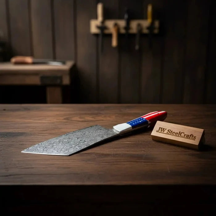 Damascus Steel Cleaver Knife with USA Flag Resin Handle | Handmade Kitchen Utility Knife